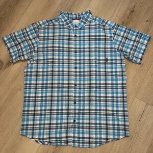 Columbia Shirt Mens XL Rapid River II Short Sleeve Button Blue Plaid Camp Logo